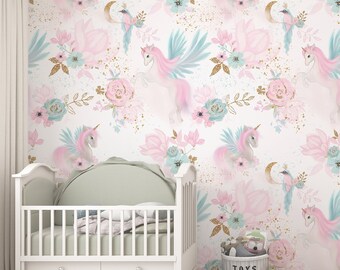 Pink Unicorn Kids Room Wallpaper, Baby Room Wall Mural, Peel and Stick, Nursery Wall Decor, Fabric Wallpaper