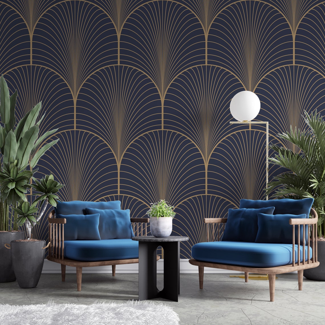 Navy Blue and Gold Geometric Wallpaper, Background Wall Mural