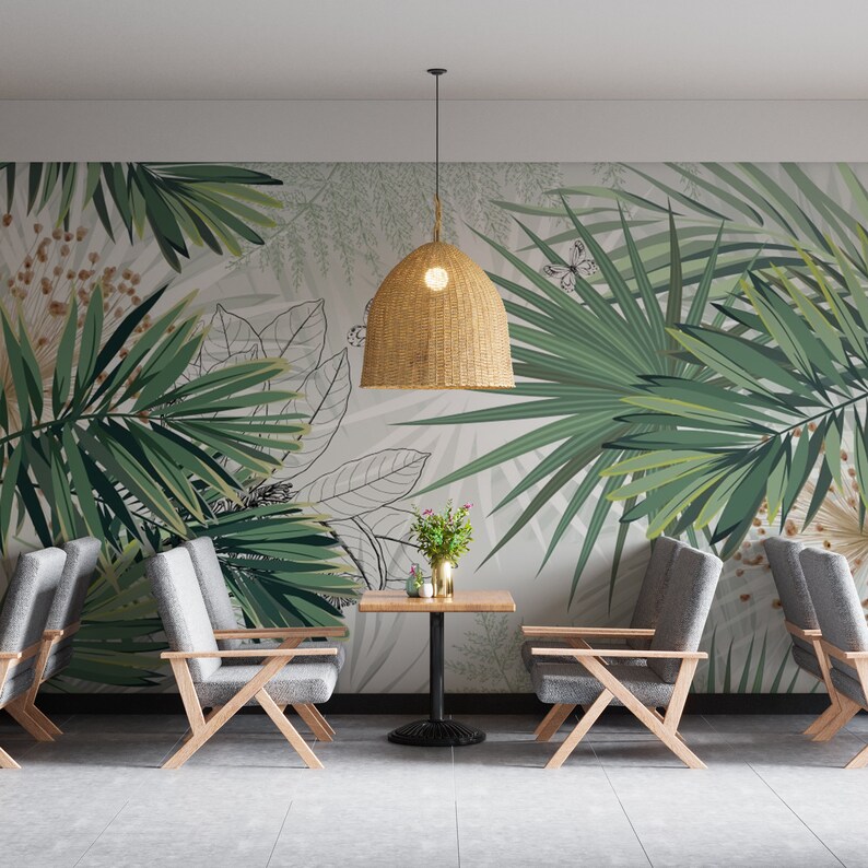 Green Floral Wallpaper, Temporary Wall Mural, Living Room Wall Decor