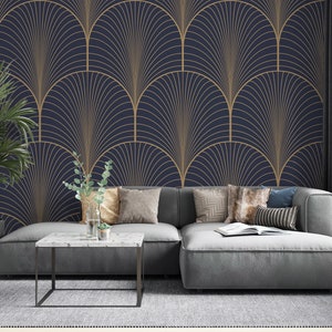 Carta da parati geometrica blu navy e oro, murale di sfondo, carta da parati temporanea, decorazione della parete del soggiorno, decorazione della casa