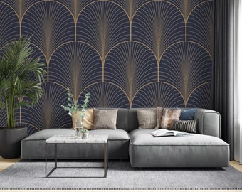 Navy Blue Gold Geometric Wallpaper Art Deco Peel and Stick Mural