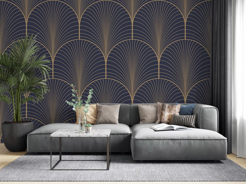 Navy Blue and Gold Geometric Wallpaper, Background Wall Mural