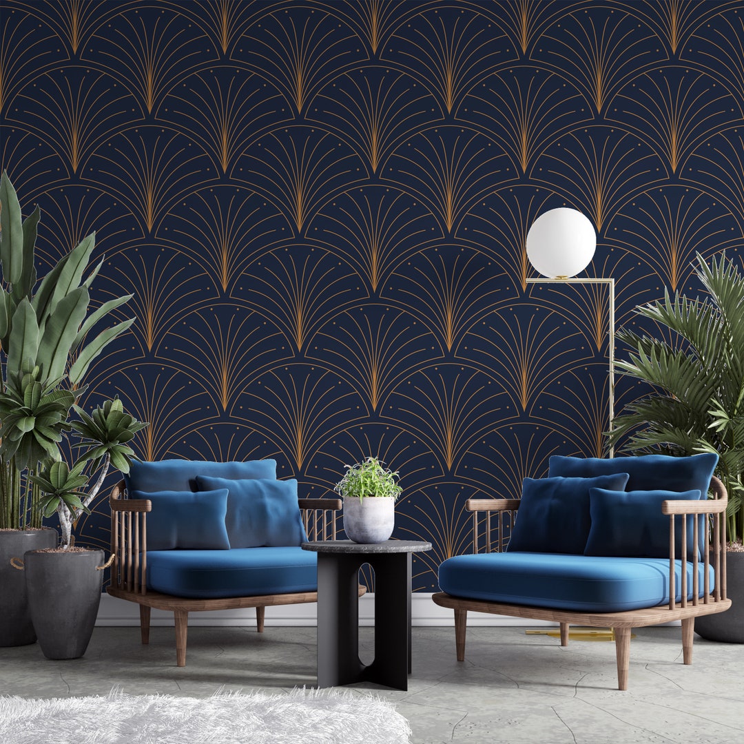 Dark Blue and Gold Geometric Wallpaper, Background Wall Mural, Fabric ...