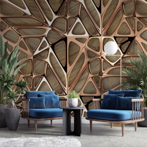 Gold Geometric Wooden Art Wallpaper: Peel and Stick Wall Mural