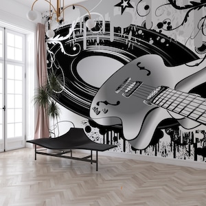 Mural de tela con diseño de guitarra: papel pintado autoadhesivo y extraíble
