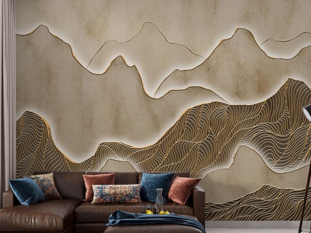 Brown Mountain Art Wallpaper: Peel and Stick Fabric Wall Mural - Etsy