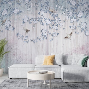 Blue Chinoiserie Wallpaper, Living Room Wall Mural, Peel and Stick Wallpaper, Background Wall Decor, Home Decor