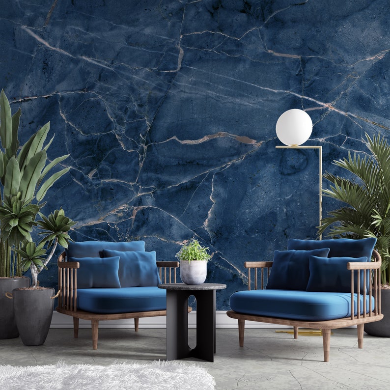 Blue Marble Wallpaper, Living Room Wall Mural, Peel and Stick, Fabric ...