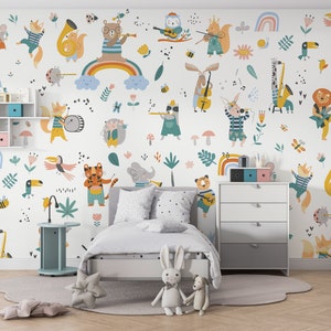 Kids Peel and Stick Wallpaper, Sing Song Animal Nursery Wallpaper, Abstract Wall Art
