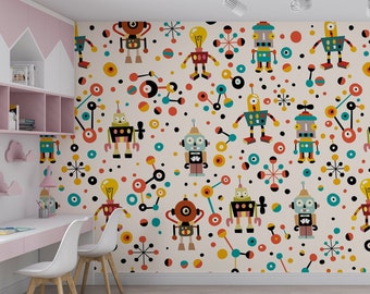 Colorful Cute Robots Kids Wallpaper, Peel and Stick Watercolor Wallpaper for Boys Room, Pattern Wall Art