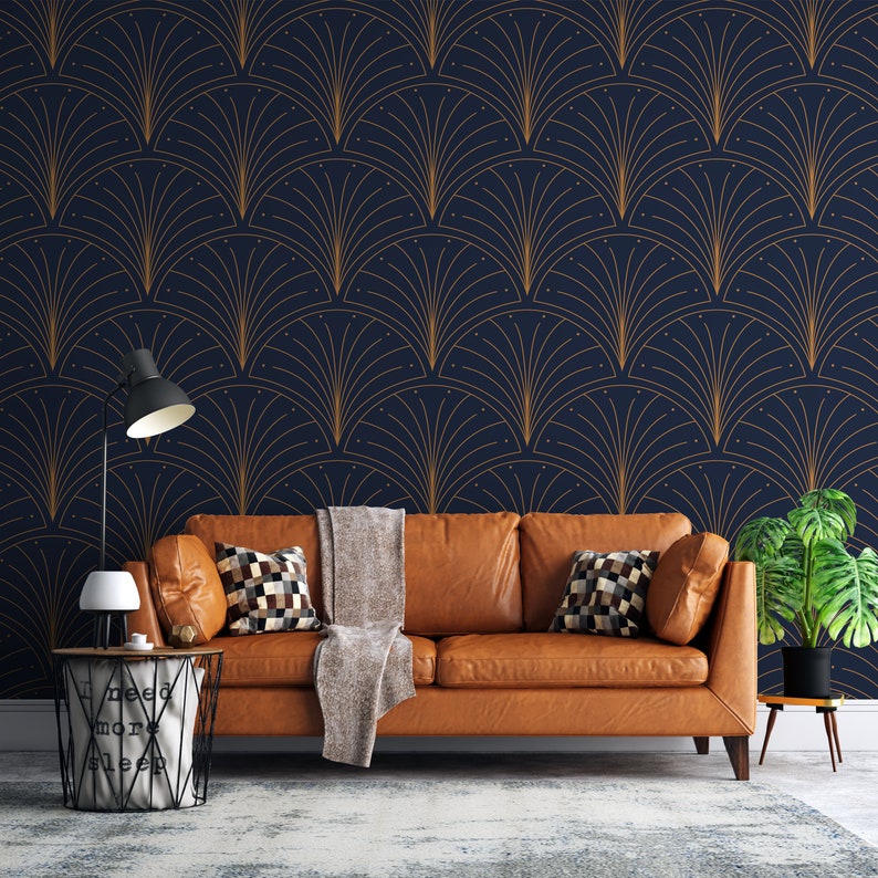 Dark Blue and Gold Geometric Wallpaper, Background Wall Mural, Fabric