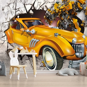 Yellow Car Nursery Wallpaper,  Kids Room Wall Mural, Peel and Stick, Boys Room Wall Decor, Fabric Wallpaper, Wall Art