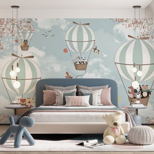 Kids Room  Wallpaper, Peel and Stick Cute Flying Animals Wall Mural, Nursery Boys Room Wall Art