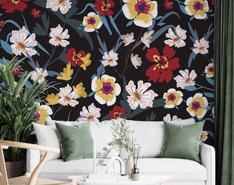 Carta da parati floreale: murale con sfondo nero, stacca e attacca