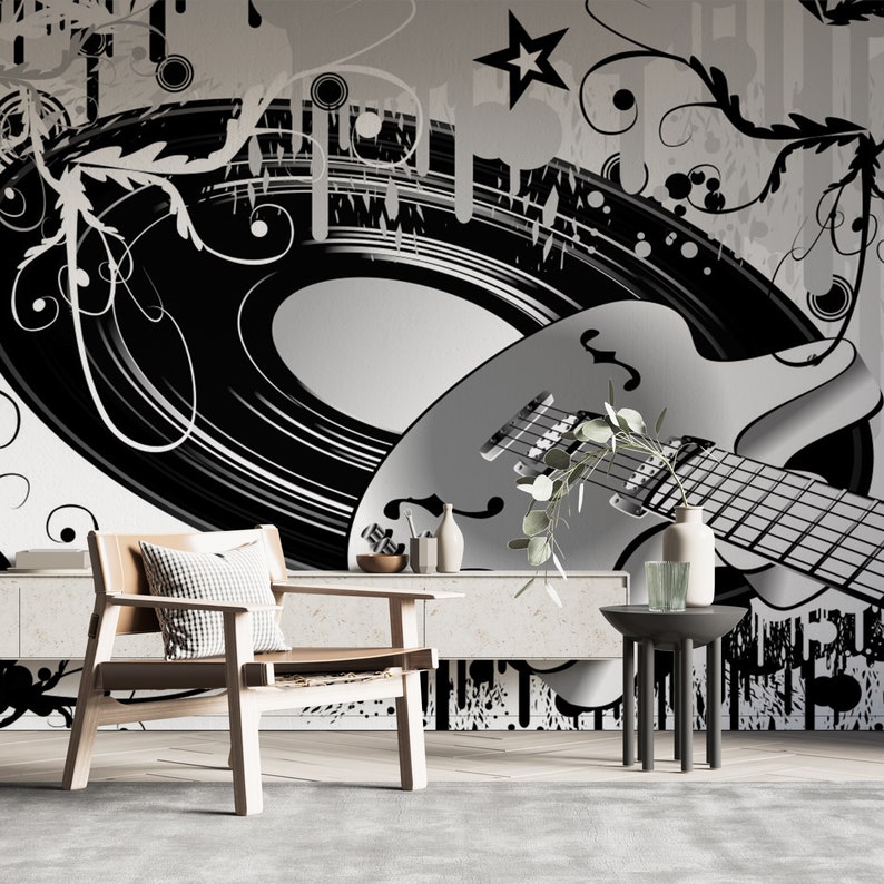 Guitar Wallpaper, Fabric Wall Mural, Removable Wallpaper, Peel and