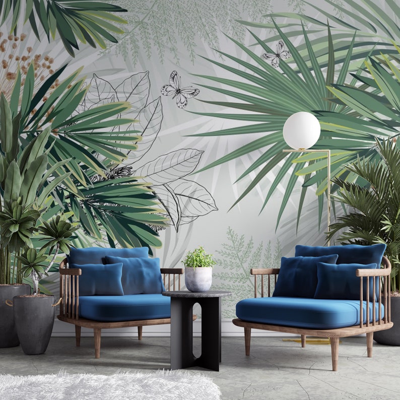 Green Floral Wallpaper, Temporary Wall Mural, Living Room Wall Decor