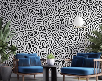 Papel pintado moderno autoadhesivo con estampado en blanco y negro.