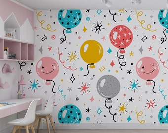 Ballon Kids Room Wallpaper, Baby Room Wall Mural, Peel and Stick, Nursery Wall Decor, Fabric Wallpaper