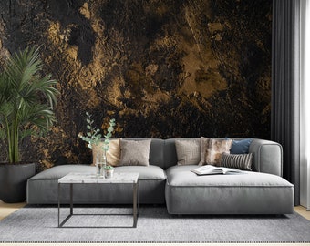 Gold and Black Concrete Wallpaper, Living Room Wall Mural, Peel and Stick, Temporary Wall Decor, Fabric Wallpaper