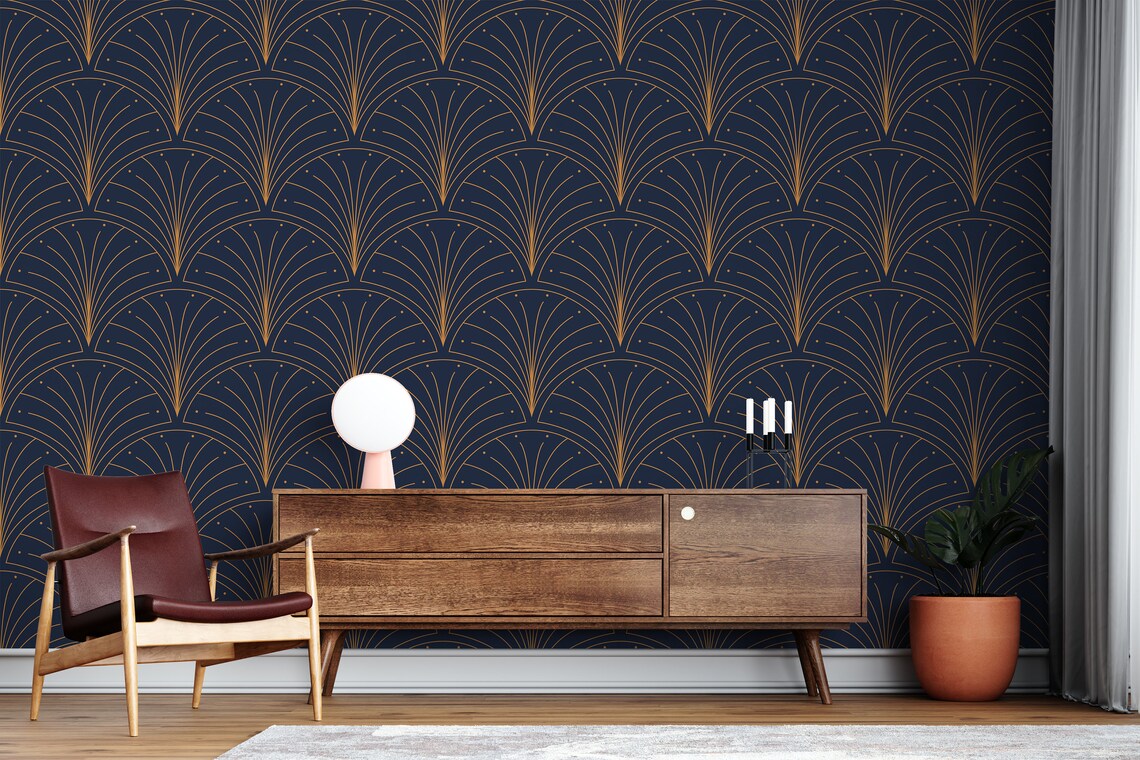 Dark Blue and Gold Geometric Wallpaper Background Wall Mural Etsy