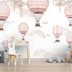 Pink Ballons Kids Room Wallpaper, Baby Room Wall Mural, Peel and Stick, Nursery Wall Decor, Fabric Wallpaper