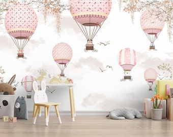 Pink Ballons Kids Room Wallpaper, Baby Room Wall Mural, Peel and Stick, Nursery Wall Decor, Fabric Wallpaper