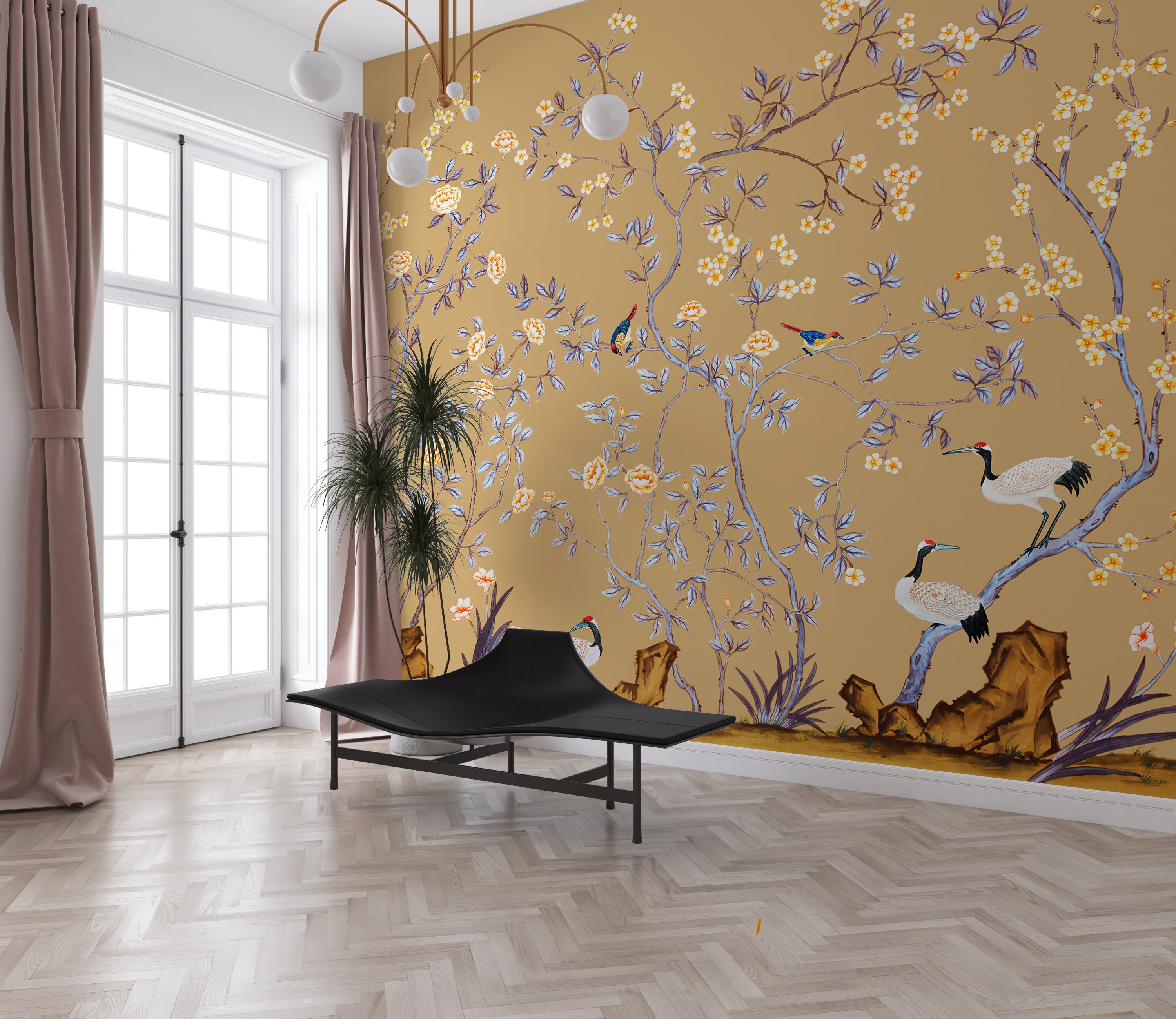 Brown Chinoiserie Wallpaper Background Wall Mural Peel and - Etsy
