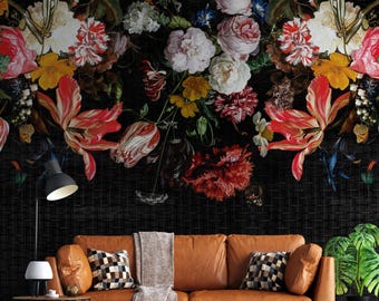 Colorful Floral Wallpaper Peel and Stick Black Background Wall Mural