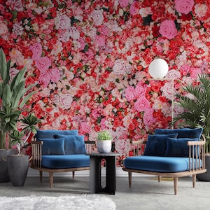 Pink Floral Wallpaper, Background Living Room Wall Mural, Peel and Stick, Removable Wallpaper, Temporary Wallpaper