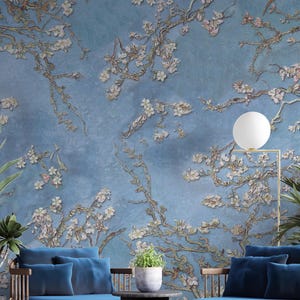 Blue Chinoiserie Wallpaper, Trees Bird Wallpaper, Abstract Wall Art Peel and Stick