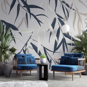 Carta da parati con motivi floreali blu navy e bianchi, decorazione della parete del soggiorno, stacca e incolla, carta da parati rimovibile