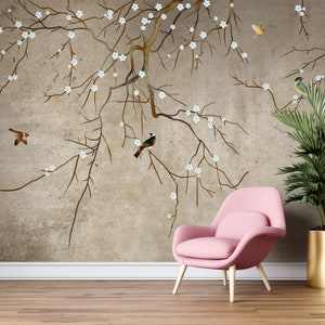 Brown Chinoiserie Wallpaper, Trees Bird Wallpaper, Floral Wallpaper, Living Room Wall Mural, Peel and Stick image 5