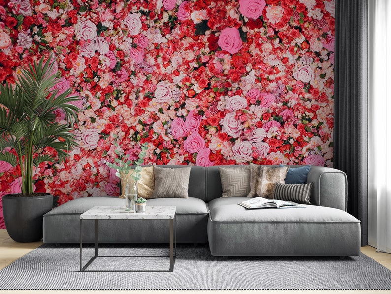 Pink Floral Wallpaper, Background Living Room Wall Mural, Peel and ...
