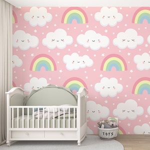 Cloudy Cute Kids Room Wallpaper, Baby Room Wall Mural, Peel and Stick, Nursery Wall Decor, Fabric Wallpaper