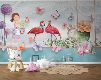 Flamingo Wallpaper Peel and Stick Nursery Kids Room Wall Mural