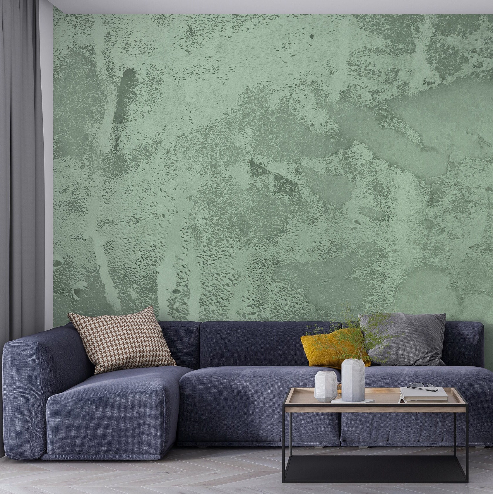 Green Concrete Wallpaper: Modern Living Room Wall Mural - Etsy - Green Concrete Apartment Decor