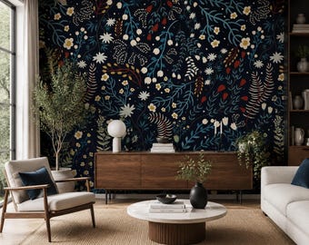 Dark Blue Floral Wallpaper Peel and Stick Botanical Wall Mural