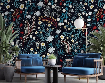 Dark Blue Floral Wallpaper, Living Room Wall Mural, Peel and Stick, Removable Wallpaper, Temporary Wallpaper
