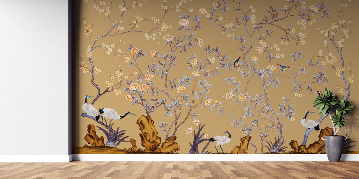 Brown Chinoiserie Wallpaper Background Wall Mural Peel and - Etsy