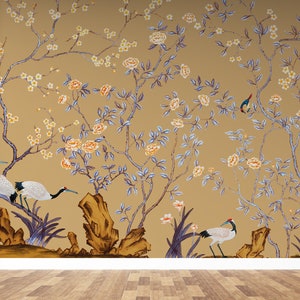 Brown Chinoiserie Wallpaper Background Wall Mural Peel and - Etsy