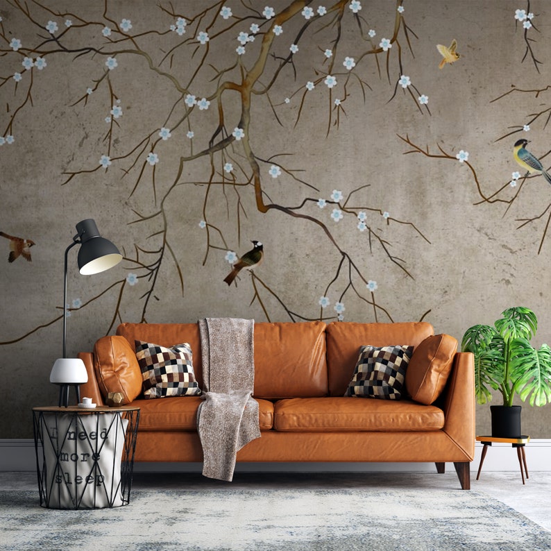 Brown Chinoiserie Wallpaper Trees Bird Wallpaper Floral - Etsy