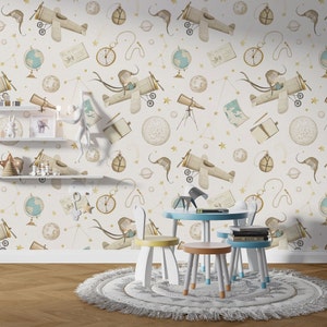 Airplane Stars Wallpaper: Nursery Boys Room Peel and Stick Mural