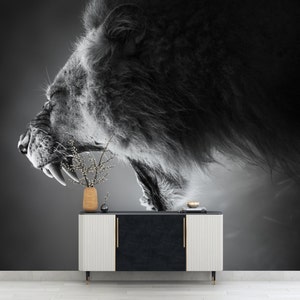 Black Lion Fabric Wallpaper: Peel and Stick Wall Mural
