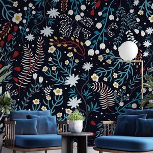 Dunkelblaue Blumen Tapete: Wieder ablösbares Schälen und Aufkleben Wandbild