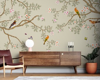 Chinoiserie Fågeltapet Skalbar och självhäftande blommig väggmålning