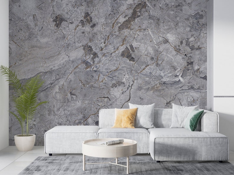 Grey Marble Textured Wallpaper, Living Room Wall Mural, Peel and Stick Wallpaper, Fabric Wall Decor image 1