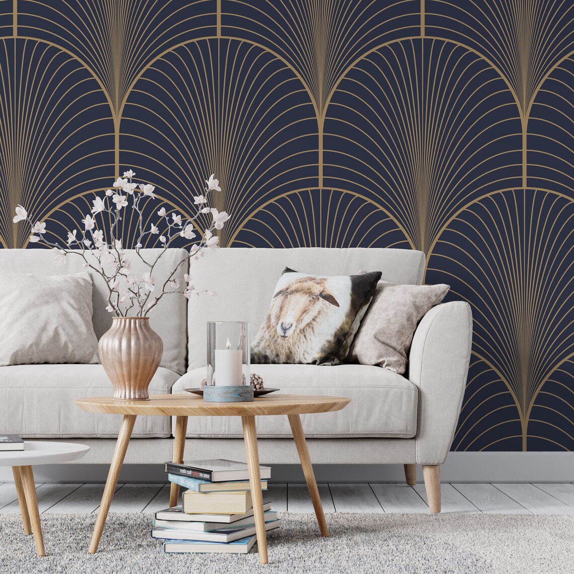 Navy Blue and Gold Geometric Wallpaper, Background Wall Mural