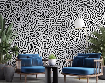Black and White Pattern Living Room Wallpaper, Peel and Stick, Fabric Wall Mural, Temporary Wall Decor