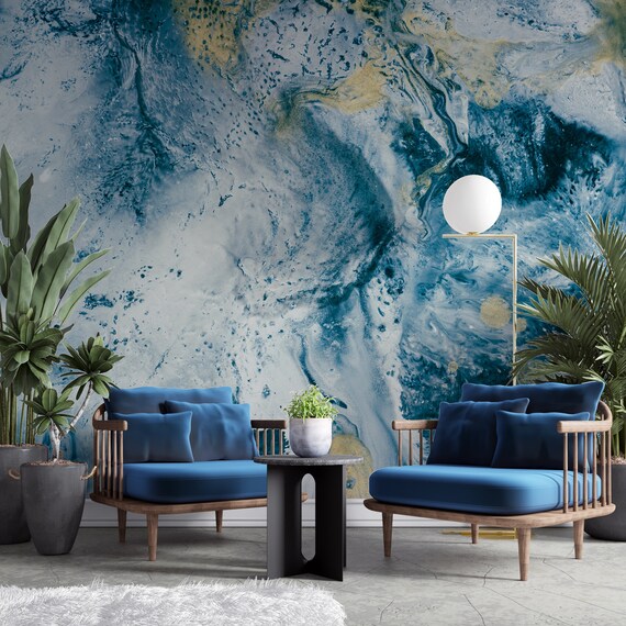 Blue and White Marble Wallpaper Background Wall Mural Peel Etsy