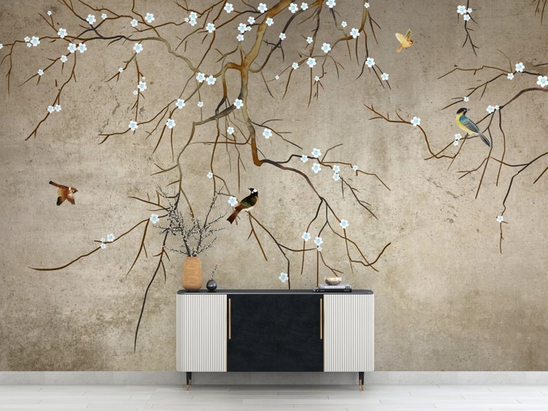 Brown Chinoiserie Wallpaper Trees Bird Wallpaper Floral - Etsy